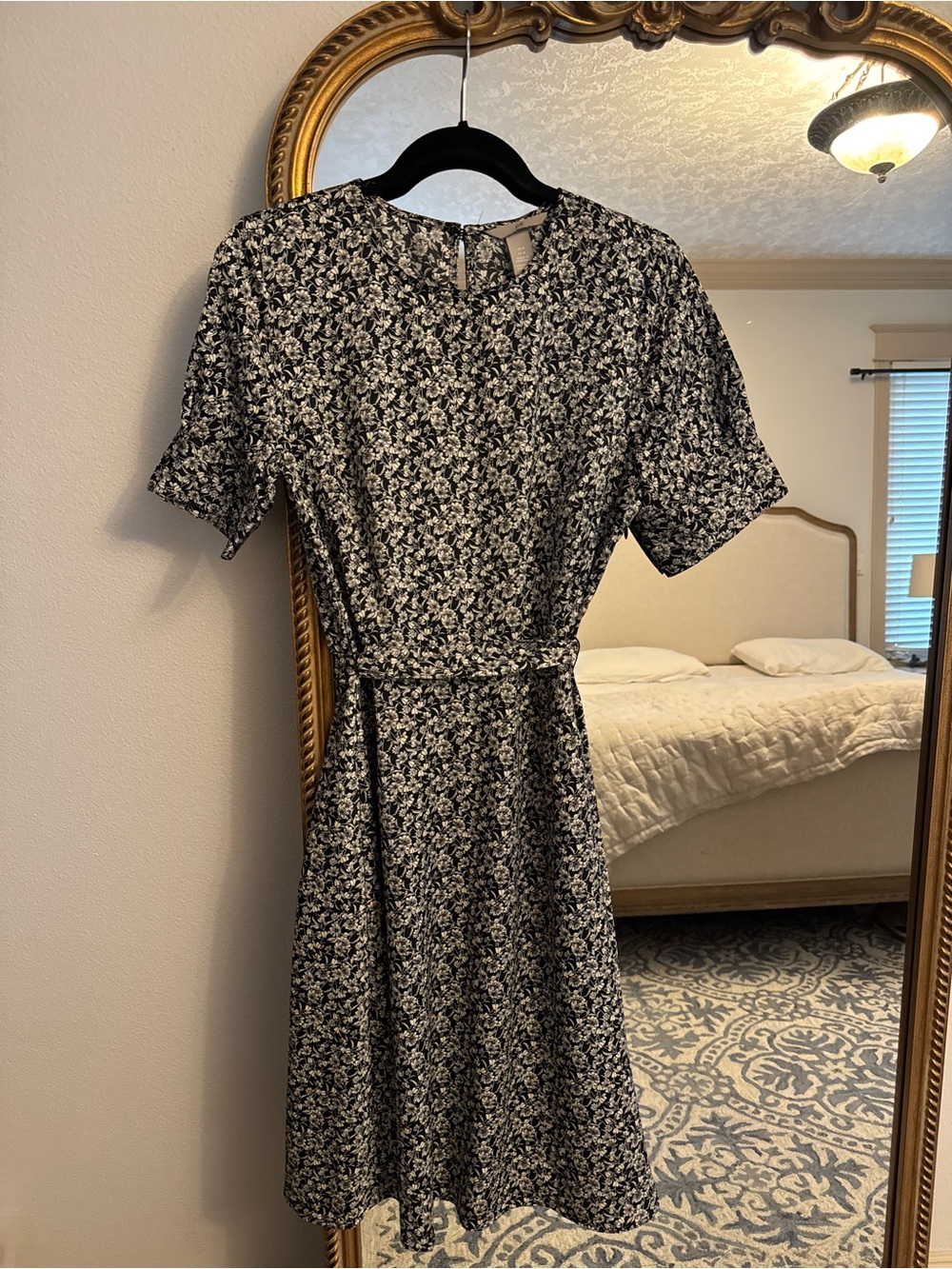 Navy and White Floral Belted A-Line Dress